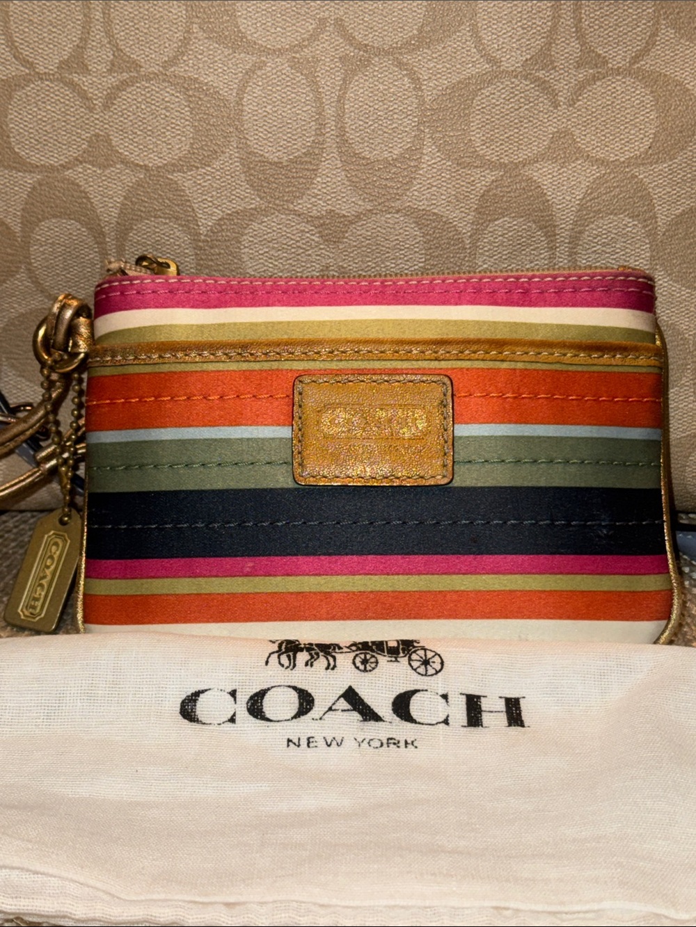 COACH Legacy Stripe Wristlet in Multicolor with Dusty and Metal Hang Tag